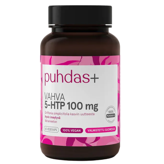 puhdas+ VAHVA 5-HTP 100 mg -pullo, ruskea pullo vaaleanpunaisin korostuksin; pullo sylinterimäinen mattapinnalla ja valkoisella korkilla; etiketissä lukee "100% vegan", "plant extract", "made in Finland" ja "60 capsules"; typografia tekstausvapaata fonttia etiketissä; tuote kuvattu valkoista taustaa vasten, ei ihmisiä tai muita esineitä näkyvissä.