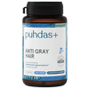 Puhdas+ Anti Gray Hair; ruskea muovipullo mattapinnalla ja valkoisella kierrekorkilla; lieriömäisessä pullossa sininen ja valkoinen etiketti groteskitekstillä, mukaan lukien ”puhdas+ ANTI GRAY HAIR” ja muuta suomenkielistä tietoa, ilmoittaa sisältävän 60 vegaanista kapselia; ei ihmisiä tai käsiä näkyvissä; tuote erillisenä tasaisella taustalla keskitetyssä kuvassa.