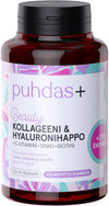 puhdas+ Beauty Kollageeni & Hyaluronihappo; lieriömäinen muovipullo, valkoinen mattapintainen korkki ja kiiltävä violetti etiketti; etiketissä suomenkielistä tuotetietoa groteskityypillä sekä vaaleanpunainen "+25% enemmän" -merkintä; vaalea tausta, ei ihmisiä; tavanomainen tuotekuva.