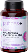 puhdas+ Beauty Kollageeni & Hyaluronihappo; lieriömäinen muovipullo, valkoinen mattapintainen korkki ja kiiltävä violetti etiketti; etiketissä suomenkielistä tuotetietoa groteskityypillä sekä vaaleanpunainen "+25% enemmän" -merkintä; vaalea tausta, ei ihmisiä; tavanomainen tuotekuva.