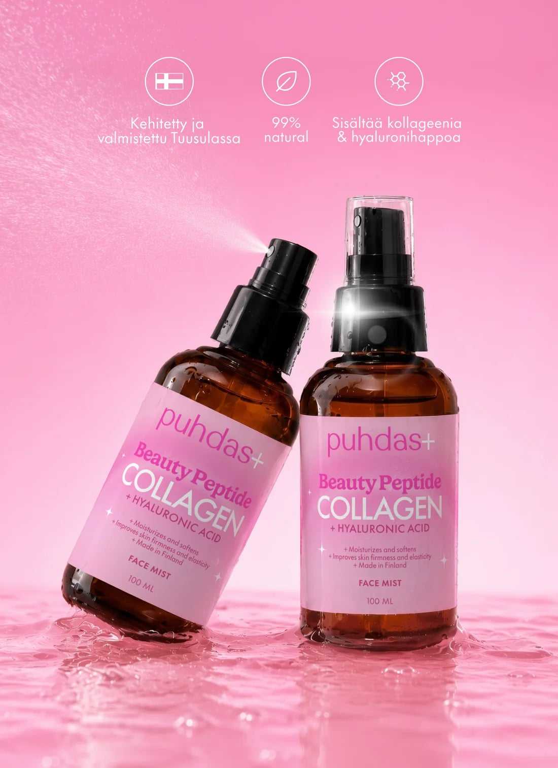 Kaksi Puhdas+ Beauty Peptide Collagen -kasvovesipulloa märällä pinnalla, toisesta suihkuaa kasvovettä