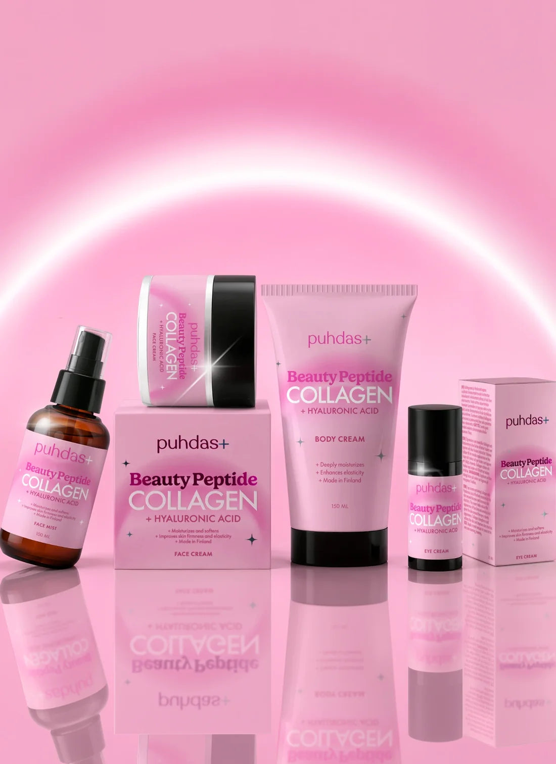 Viisi vaaleanpunaista puhdas+ Beauty Peptide Collagen -ihonhoitotuotetta on aseteltu heijastavalle pinnalle vaaleanpunaista taustaa vasten, taustalla hehkuva kaari, korostaen niiden kollageenia lisääviä hyötyjä. Pakkaukset sisältävät purkkeja, pulloja ja tuubeja matta- tai puolikiiltävällä viimeistelyllä. Etiketissä on lihavoitua valkoista tekstiä. Ihmisiä tai käsiä ei näy. Kaikki tuotteet ovat pystyssä ja tasaisin välein aseteltuina studioasetelmassa.