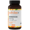 Puhdas+ Berberiini 800 mg; ruskea muovipullo vegaanikapseleita; valkoinen ja oranssi mattapintainen etiketti, geometrisia monivärisiä kuvioita ja suomenkielistä tekstiä; tuotenimi ja annostustiedot lihavoidulla groteskikirjasimella; ei ihmisiä tai käsiä näkyvissä; tuote valkoisella taustalla yksinkertaisessa tuotekuvassa.