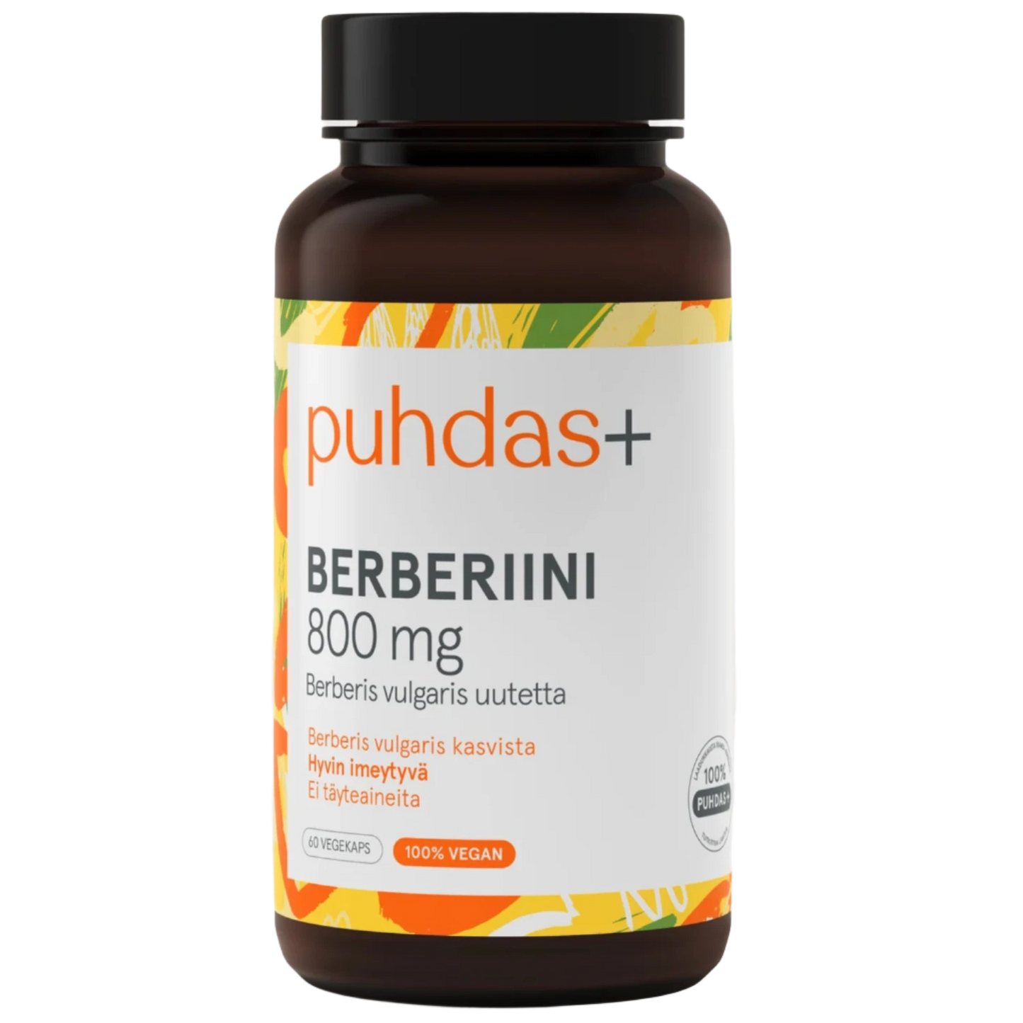 Puhdas+ Berberiini 800 mg; ruskea muovipullo vegaanikapseleita; valkoinen ja oranssi mattapintainen etiketti, geometrisia monivärisiä kuvioita ja suomenkielistä tekstiä; tuotenimi ja annostustiedot lihavoidulla groteskikirjasimella; ei ihmisiä tai käsiä näkyvissä; tuote valkoisella taustalla yksinkertaisessa tuotekuvassa.