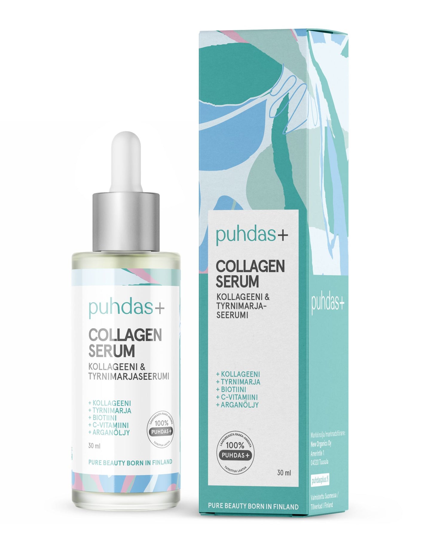 Puhdas+ Collagen Serum -tippapullo, esillä värikkään abstraktin kuvioidun pakkauksensa vieressä; seerumipullo sylinterimäinen valkoisella tippakorkilla; pakkaus koristeltu epäsäännöllisin kirkkain väriyhdistelmin ja tekstausvapaalla typografialla; pakkauksessa mainitut ainesosat kollageeni, biotiini, C-vitamiini ja arganöljy; tuotteet vaalealla taustalla studioympäristössä; ei ihmisiä tai käsiä näkyvissä.