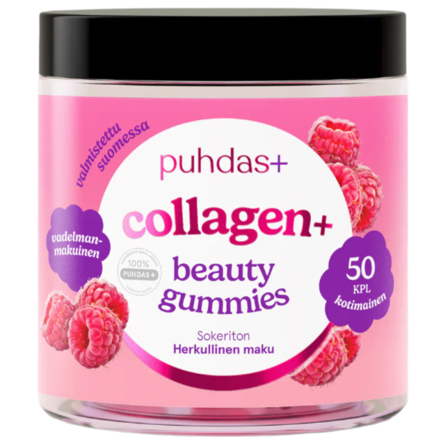 Puhdas+ Collagen + Beauty Gummies; vadelmanmakuinen kollageenipurkka pinkillä etiketillä ja vadelmakuvilla, suomenkielistä tekstiä; sokerittomat kollageenipurkat ovat kirkkaassa, sylinterinmuotoisessa muovipurkissa valkoisella kierrekannella; mattapintainen etiketti kiertää purkin ympäri yksinkertaisella groteskitekstillä; tausta valkoinen ja yksivärinen, kuvakulma suoraan edestä silmän tasolta.