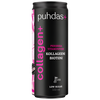 Puhdas+ Collagen+ Vitamiinivesi; musta, 330 ml:n tölkki sylinterinmuotoisella rungolla ja kiiltäväpinnalla, merkitty ”puhdas+ collagen+ peach vitamin water” valkoisella ja pinkillä groteskitekstillä; muotoilussa korostetaan lihavasti sanoja ”collagen”, ”biotin” ja ”low sugar”; ei ihmisiä tai käsiä näkyvissä; tausta valkoinen, kuvattu suoraan edestä etiketin yksityiskohtien näkyessä selvästi.