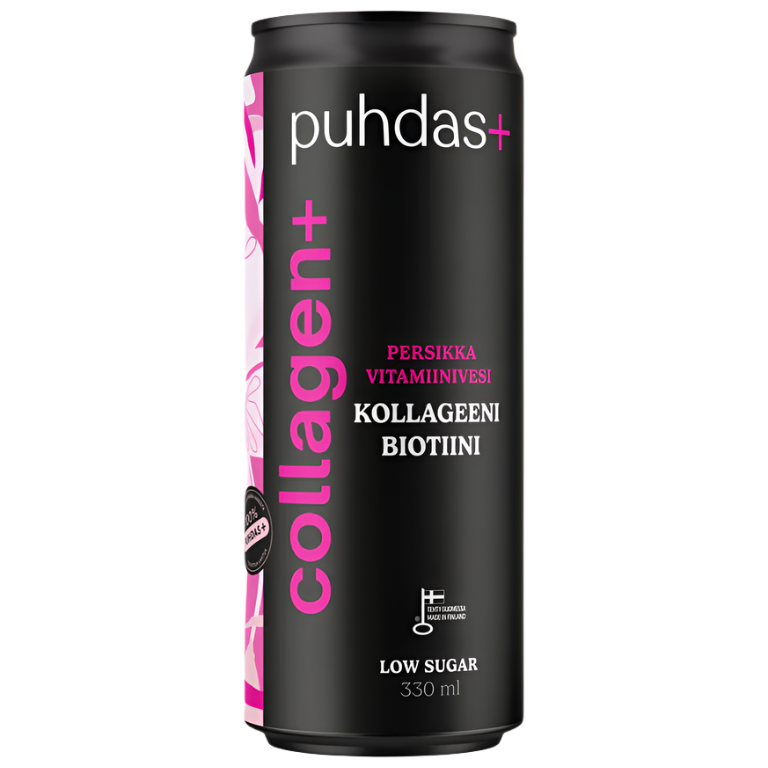 Puhdas+ Collagen+ Vitamiinivesi; musta, 330 ml:n tölkki sylinterinmuotoisella rungolla ja kiiltäväpinnalla, merkitty ”puhdas+ collagen+ peach vitamin water” valkoisella ja pinkillä groteskitekstillä; muotoilussa korostetaan lihavasti sanoja ”collagen”, ”biotin” ja ”low sugar”; ei ihmisiä tai käsiä näkyvissä; tausta valkoinen, kuvattu suoraan edestä etiketin yksityiskohtien näkyessä selvästi.