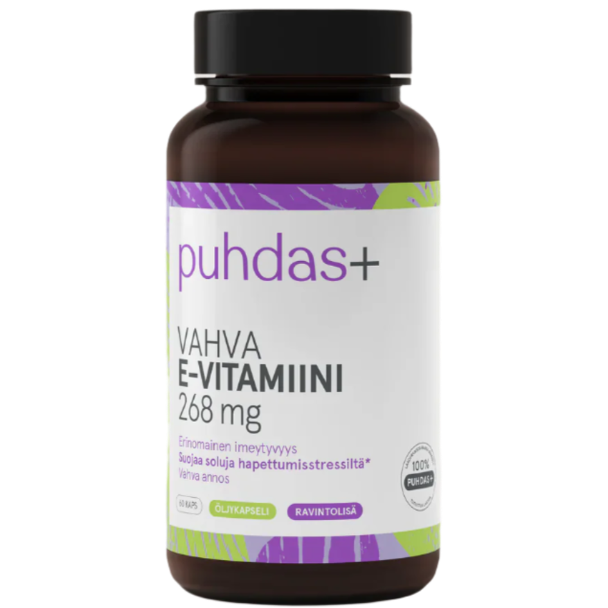 Puhdas+ E-vitamiini 268 mg; ruskea muovipullo tekstillä ”puhdas+ VAHVA E-VITAMIINI 268 mg”, lieriömäinen muoto ja valkoinen korkki; etiketti mattapintainen, pääosin valkoinen violetein tehostein ja vaakasuoralla vihreällä raidalla alaosassa, groteskityyppografiaa; etiketissä lisäksi suomenkielistä tekstiä; ei ihmisiä tai käsiä kuvassa, tausta tasainen.