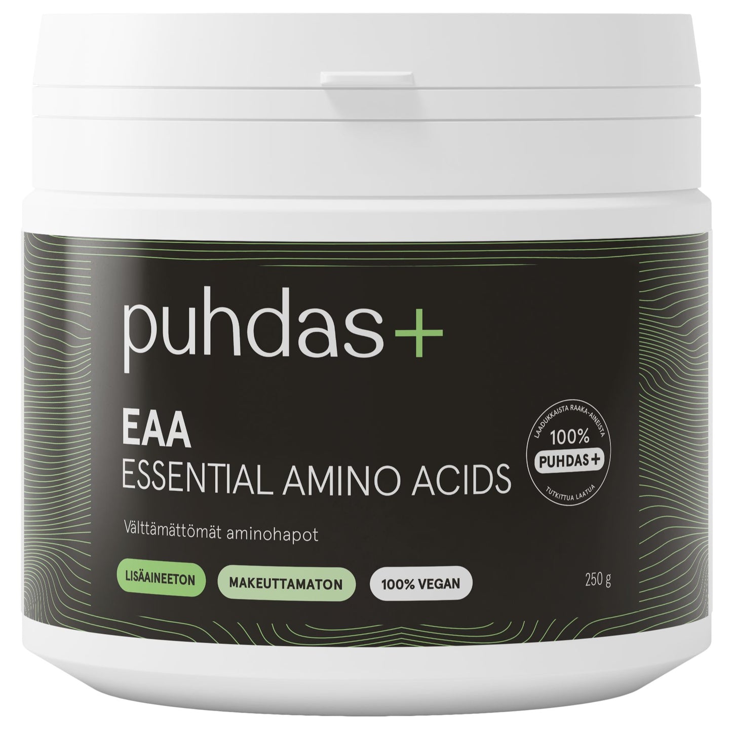 Puhdas+ EAA Essential Amino Acids; valkoinen, mattapintainen muovipurkki, lieriömäinen, kierrekorkki; etiketissä groteskityyppistä tekstiä "puhdas+ EAA Essential Amino Acids", mainintoja 100% vegaanisesta ja lisäaineettomasta koostumuksesta sekä 250 g mauttomasta jauheesta; vihreitä ja mustia graafisia elementtejä; tuote kuvattu yksin vaalealla taustalla.
