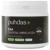 Puhdas+ EAA Essential Amino Acids; valkoinen, mattapintainen muovipurkki, lieriömäinen, kierrekorkki; etiketissä groteskityyppistä tekstiä "puhdas+ EAA Essential Amino Acids", mainintoja 100% vegaanisesta ja lisäaineettomasta koostumuksesta sekä 250 g mauttomasta jauheesta; vihreitä ja mustia graafisia elementtejä; tuote kuvattu yksin vaalealla taustalla.