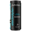 Puhdas+ Electrolyte+ Vitamiinivesi; musta 330 ml:n tölkki Puhdas+ electrolyte+ -juomaa magnesiumilla, merkitty Low Sugar ja Päärynä Vitaminivesi, sinistä ja valkoista tekstiä ja muotoiluelementtejä optimaalisen nesteytyksen korostamiseksi; mattapintainen tölkki on sylinterinmuotoinen suorin sivuin; kaikki näkyvä teksti groteskifontilla; kuva otettu valkoista taustaa vasten, tuote keskellä kuvaa, ei ihmisiä tai muuta rekvisiittaa näkyvissä.