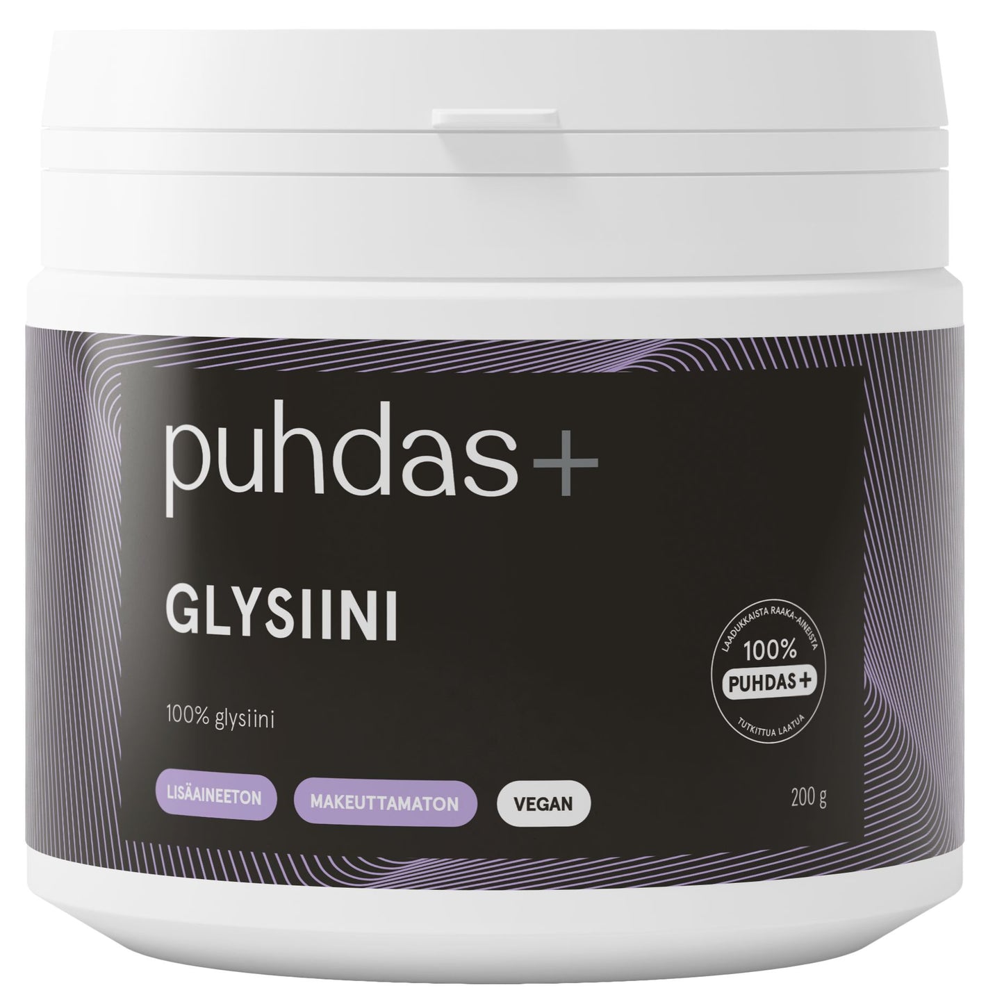 puhdas+ GLYSIINI -purkki, valkoinen pyöreä muoviastia mattapinnalla, yksinkertaista tekstausvapaata fonttia; etiketissä mustia ja violetteja graafisia elementtejä; luettavassa tekstissä 100-prosenttista glysiiniä, vegaaninen, 200 g, ei lisäaineita eikä makeutusaineita suomeksi; tausta valkoinen; kuva suoraan edestä otettu tuotekuva, ei ihmisiä tai muita esineitä näkyvissä.