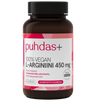 Puhdas+ Kasviperäinen L-Arginiini 450 mg; pullo Puhdas+ 100 % Vegaanista L-Arginiini 450 mg -ravintolisää valkoisella ja punaisella etiketillä, teksti suomeksi ja sisältö 60 vegaanikapselia; muovipullo sylinterinmuotoinen mattavalkoisella pinnalla ja valkoisella ruuvikorkilla; etiketti groteskikirjasinta mustana ja punaisena, sisältäen tuotenimen ja annostuksen; ei ihmisiä tai käsiä kuvassa, pelkistetty tausta studiovalaistuksessa.