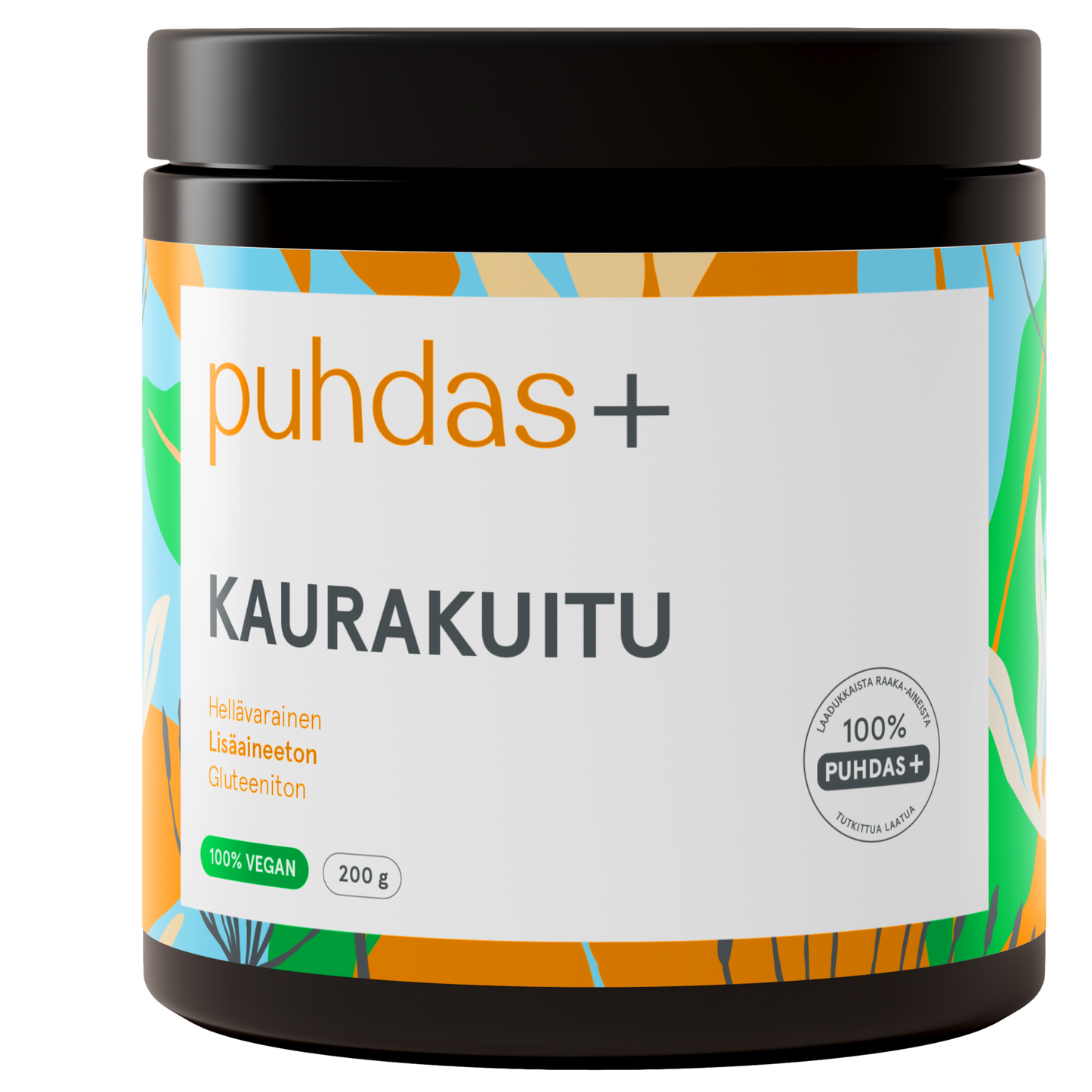 Puhdas+ Kaurakuitu -purkki, 200 g; musta, mattapintainen muovipurkki kierrekannella; etiketissä lihavoitua tekstausvapaata tekstiä "puhdas+ KAURAKUITU", värikkäitä lehtikuvituksia sekä merkinnät vegaanisuudesta ja gluteenittomuudesta; teksti mainitsee puhtaan, lisäaineettoman kaurakuidun; kuvattu neutraalia taustaa vasten, ei ihmisiä näkyvissä.