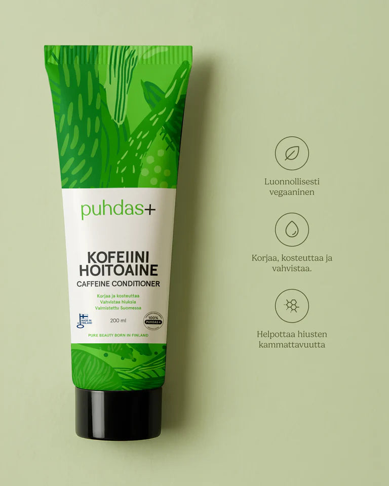 Puhdas+ Kofeiini Hoitoaine; vihreä mattapintainen puristettava tuubi pystyssä tasaisella vaaleanvihreällä taustalla; moderni ja minimalistinen typografia; kolme valkoista pyöreää kuvaketta suomenkielisin tekstein tuubissa kertovat vegaanisesta koostumuksesta, hiusten korjaus- ja vahvistusvaikutuksesta sekä kofeiinin hyödyistä; ei ihmisiä tai toimintaa kuvassa.