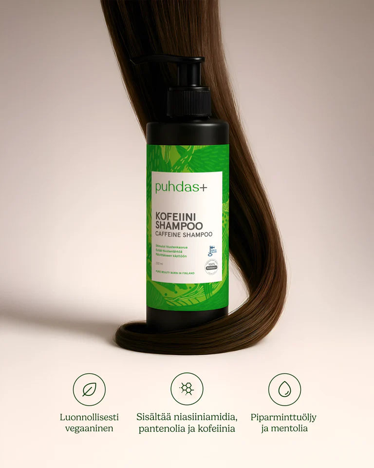 Puhdas+ Kofeiini Shampoo; pullo, jonka päällä pitkät ruskeat hiukset; pullo lieriömäinen, valkoinen, mattapintainen, selkeä etiketti tuotetiedoin yksinkertaisella groteskifontilla; kolme kuvaketta pullon alapuolella kertovat vegaanisesta koostumuksesta sekä ainesosista niasiiniamidi, kofeiini, panthenoli, piparminttuöljy ja mentoli; tausta vaalea ja siisti, ei ihmisiä.