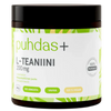 Puhdas+ L-Teaniini 200 mg; astia Puhdas+ L-Teaniini 200 mg -ravintolisää valkoisella ja vihreällä etiketillä, jossa keskeisiä tuotetietoja kuten 100 annosta ja 100 % vegaaninen koostumus; astia lieriömäinen mattavalkoisella muovipinnalla ja groteskityyppografialla; etikettisuunnittelussa vihreitä geometrisiä nauhoja; tausta tasainen valkoinen, kuva suoraan edestä, ei ihmisiä tai käsiä.