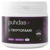 puhdas+ L-Tryptofaani, 100 g; valkoinen muovipurkki violetti-mustalla designilla, mattapinta, lieriömäinen muoto; pakkauksessa yksinkertaista mustaa ja violettia groteskitypografiaa valkoisella pohjalla; etiketti kertoo tuotteen olevan vegaaninen, lisäaineeton ja makeuttamaton; ei ihmisiä tai käsiä; vaalea tausta; tuote kuvattu edestäpäin silmän tasolta.