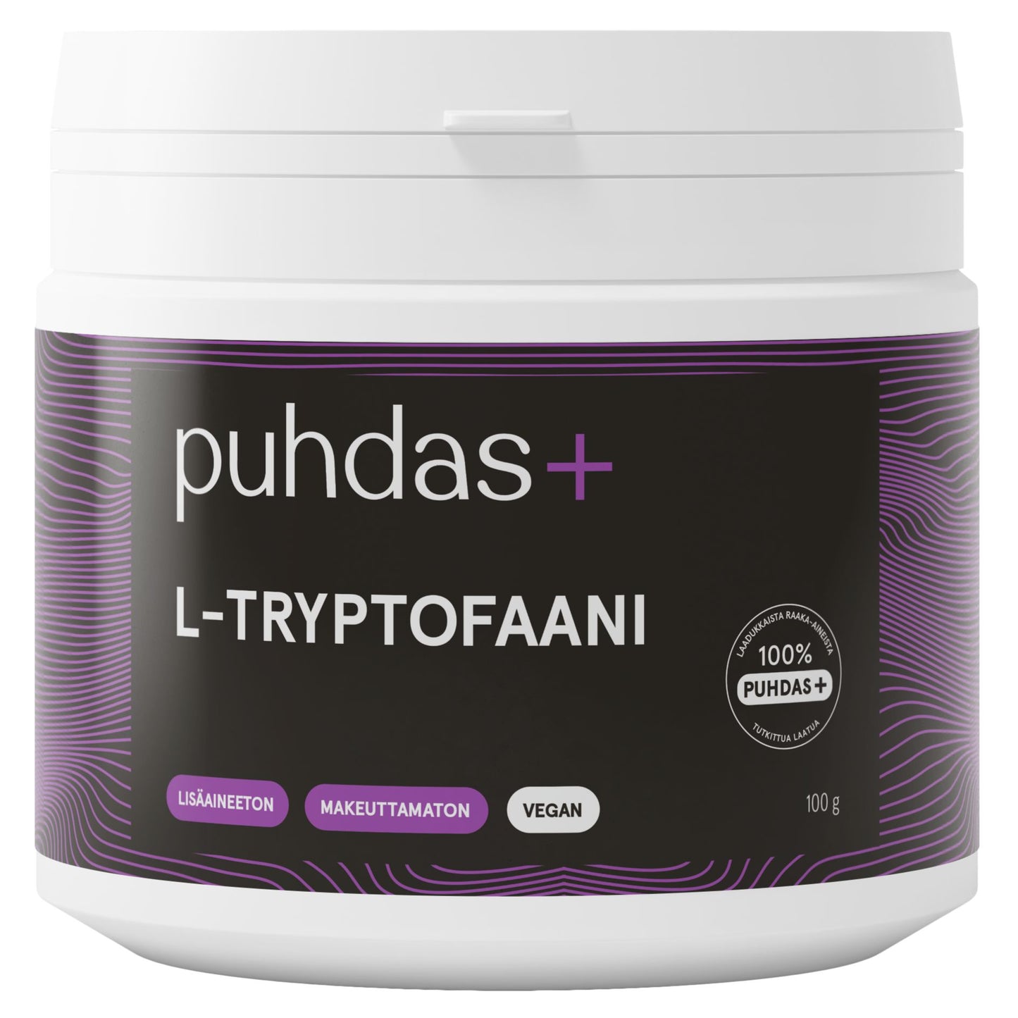 puhdas+ L-Tryptofaani, 100 g; valkoinen muovipurkki violetti-mustalla designilla, mattapinta, lieriömäinen muoto; pakkauksessa yksinkertaista mustaa ja violettia groteskitypografiaa valkoisella pohjalla; etiketti kertoo tuotteen olevan vegaaninen, lisäaineeton ja makeuttamaton; ei ihmisiä tai käsiä; vaalea tausta; tuote kuvattu edestäpäin silmän tasolta.