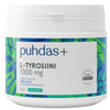 Puhdas+ L-Tyrosiini 1000 mg; valkoinen ja sininen jauhepurkki, jossa vihreitä lehtikuvioita ja selkeää suomenkielistä tuotetietoa; etiketissä mainitaan tuotteen olevan 100% vegaaninen; sylinterinmuotoinen muovipurkki, mattapinta, valkoinen kierrekorkki; yksinkertainen lihavoitu groteskikirjasin; kuvattu tasaisesti valaistulla, neutraalilla taustalla ilman ihmisiä tai rekvisiittaa.