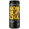 Puhdas+ Luomu Kombucha Ihana Inkivääri; musta 330 ml:n tölkki lihavoidulla keltaisella tekstillä; tölkissä korostetaan luomuainesosia ja inkiväärin makua, kuvitusta inkivääristä ja mainintaa "5 miljardia"; sylinterinmuotoinen tölkki mattapinnalla, groteskitypografia; ei ihmisiä tai käsiä näkyvissä, tuote ilman muuta näkyvää taustaa.