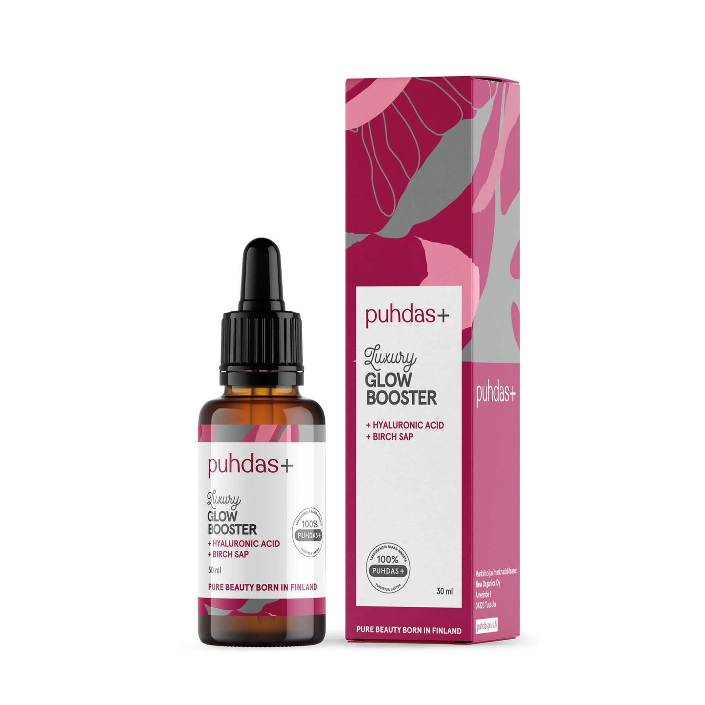 Puhdas+ Luxury Glow Booster Serum; tiputinpullo ja laatikko puhdas+ Luxury Glow Boosterille hyaluronihapon ja koivunmahlan kera; pakkaus vaaleanpunainen abstraktein kukkakuvioin; sekä pullo että laatikko mattapintaisia, lasinen tiputinpullo lieriön muotoinen valkoisella etiketillä ja korkilla; groteskitypografia sisältää tuotenimen, pääainesosat, brändin ja 30 ml:n tilavuuden; studiokuva vaaleaa taustaa vasten.