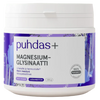 puhdas+ Magnesium Glycinaatti, 200 g; valkoinen, lieriömäinen muovipurkki mattapinnalla, violetein korostuksin etiketissä ja suomenkielistä groteskitekstiä; pakkauksessa vegaanisuutta osoittavia symboleja; ei ihmisiä tai käsiä; tuote kuvattu vaalealla taustalla; sisältää magnesiumbisglysinaattia.