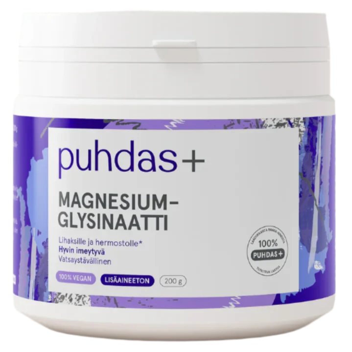 puhdas+ Magnesium Glycinaatti, 200 g; valkoinen, lieriömäinen muovipurkki mattapinnalla, violetein korostuksin etiketissä ja suomenkielistä groteskitekstiä; pakkauksessa vegaanisuutta osoittavia symboleja; ei ihmisiä tai käsiä; tuote kuvattu vaalealla taustalla; sisältää magnesiumbisglysinaattia.