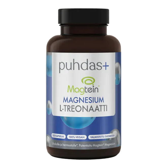 Puhdas+ Magtein® Magnesium L-Treonaatti: ruskea mattapintainen muovipurkki valkoisella kierrekorkilla; etiketissä musta-sinisellä groteskikirjasimella teksti "puhdas+ Magtein Magnesium L-Treonaatti", maininta 150 vegaanisesta kapselista, Suomessa valmistamisesta sekä aivojen ja hermoston hyvinvoinnin tukemisesta; purkki on kuvattu pystyasennossa valkoista taustaa vasten silmän korkeudelta, ei ihmisiä tai esineitä kuvassa.