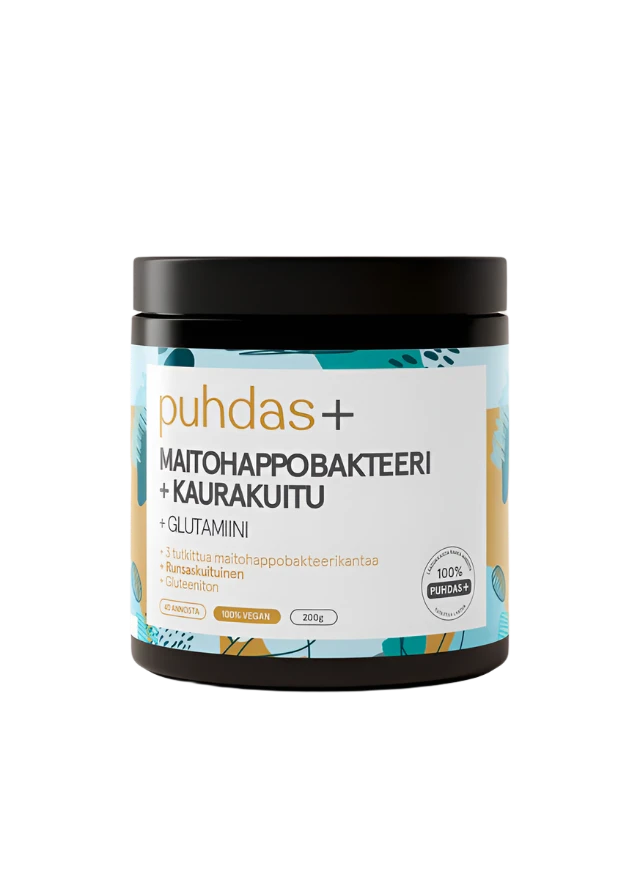Puhdas+ Maitohappobakteeri + Kaurakuitu + Glutamiini; purkki Puhdas+ Maitohappobakteeri + Kaurakuitu -ravintolisää, suomalainen prebioottituote; sylinterinmuotoinen muovipullo mattavalkoisella pinnalla ja ruuvikannella; etiketti pääosin valkoinen epäsäännöllisin monivärisin abstraktein muodoin koristeltu; tuotetiedot selkeällä mustalla ja oranssilla groteskitekstillä; studiokuva pelkistetyllä taustalla, ei ihmisiä tai käsiä kuvassa.