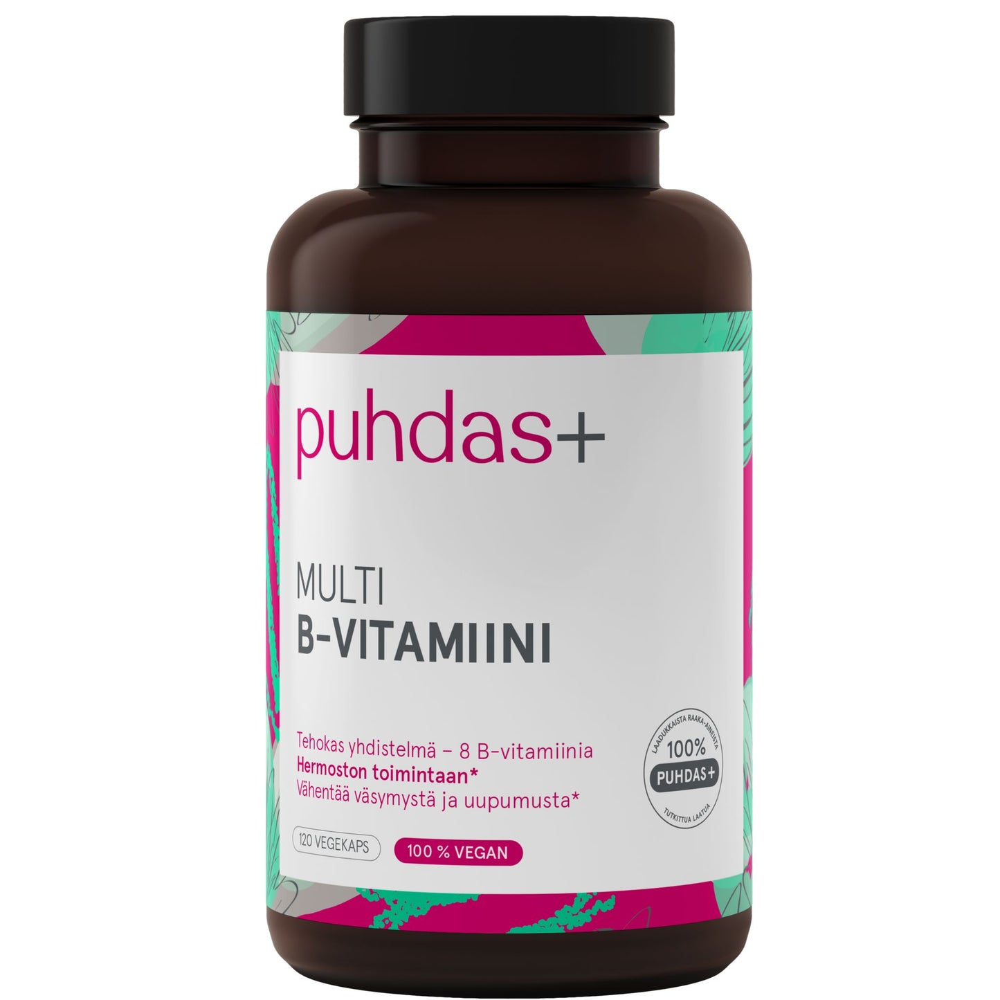 A brown bottle labeled puhdas+ Multi B-Vitamiini, with text in Finnish highlighting B vitamins and their stress reduction benefits. The vegan capsules are presented in packaging that is mostly white with pink and green accents. The bottle is cylindrical, made of opaque brown plastic, has a matte finish and a white screw cap. Typographic style on the label is clear sans-serif fonts in pink and green on white. Image background is plain and untextured; no people or hands are visible. Standard product shot