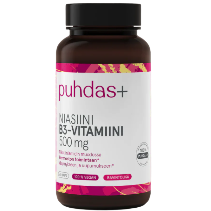 Puhdas+ Niasiini B3-vitamiini 500 mg; pullo Puhdas+ Niasiini B3-Vitamiini 500 mg -ravintolisää valkoisella ja vaaleanpunaisella etiketillä, sisältää 60 vegaanista niasiinikapselia; astia lieriömäinen, valkoista muovia mattapinnalla ja tasainen valkoinen korkki; etiketissä tuotetiedot lihavoidulla ja tavallisella tikkukirjasimella, pääosin mustaa tekstiä; ei ihmisiä tai käsiä näkyvissä; tausta tasainen valkoinen, kuva suoraan edestä.