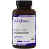 Puhdas+ Night Time Magnesium; pullo puhdas+ Night Time Magnesium -ravintolisää violetilla ja valkoisella etiketillä, jossa tuotetietoja ja teksti 100 % vegaaninen, magnesium ja 110 mg per kaps; muovinen astia lieriömäinen ja mattapintainen; etiketissä groteskifonttia eri kokoisina; ei ihmisiä tai käsiä; tausta tasainen valkoinen, studiokuva tasaisessa valaistuksessa.