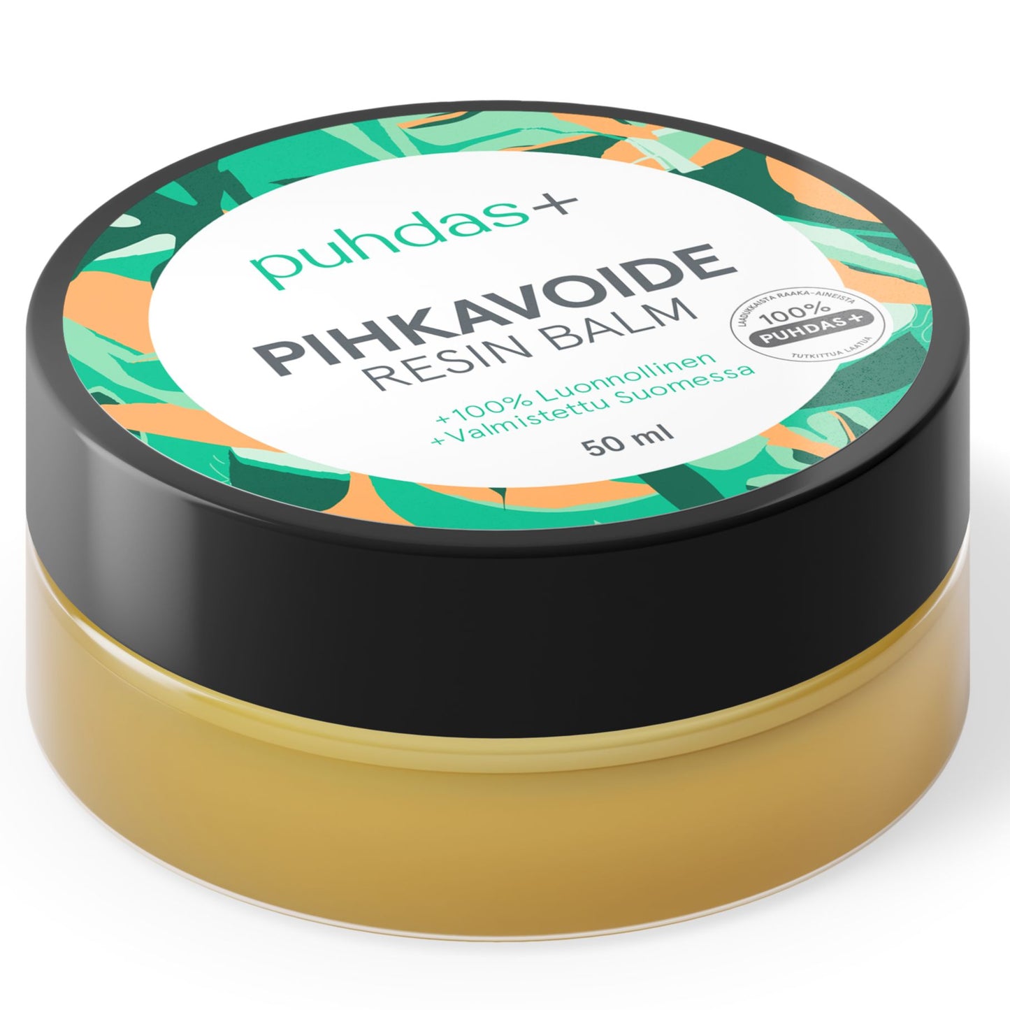 A round container of Puhdas+ Pihkavoide Resin Balm with a black plastic lid and a green label featuring detailed leafy graphics. The 50 ml jar contains yellow resin balm. Label typography is simple and sans-serif, with text in both Finnish and English. Product is photographed against a plain, neutral background with no people or hands present.