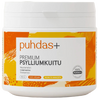 puhdas+ Premium Psylliumkuitu; valkoinen ja oranssi lieriömäinen muovipurkki mattapinnalla ja oranssilla kannella; gluteeniton, 100% vegaaninen ja mauton kuitulisä, noin 70 annosta; mustaa ja oranssia groteskitekstiä usealla kielellä etiketissä; vaalea tausta, ei ihmisiä tai rekvisiittaa; kuvattu suoraan edestä silmän tasolta, koko purkin etuosa näkyvissä.
