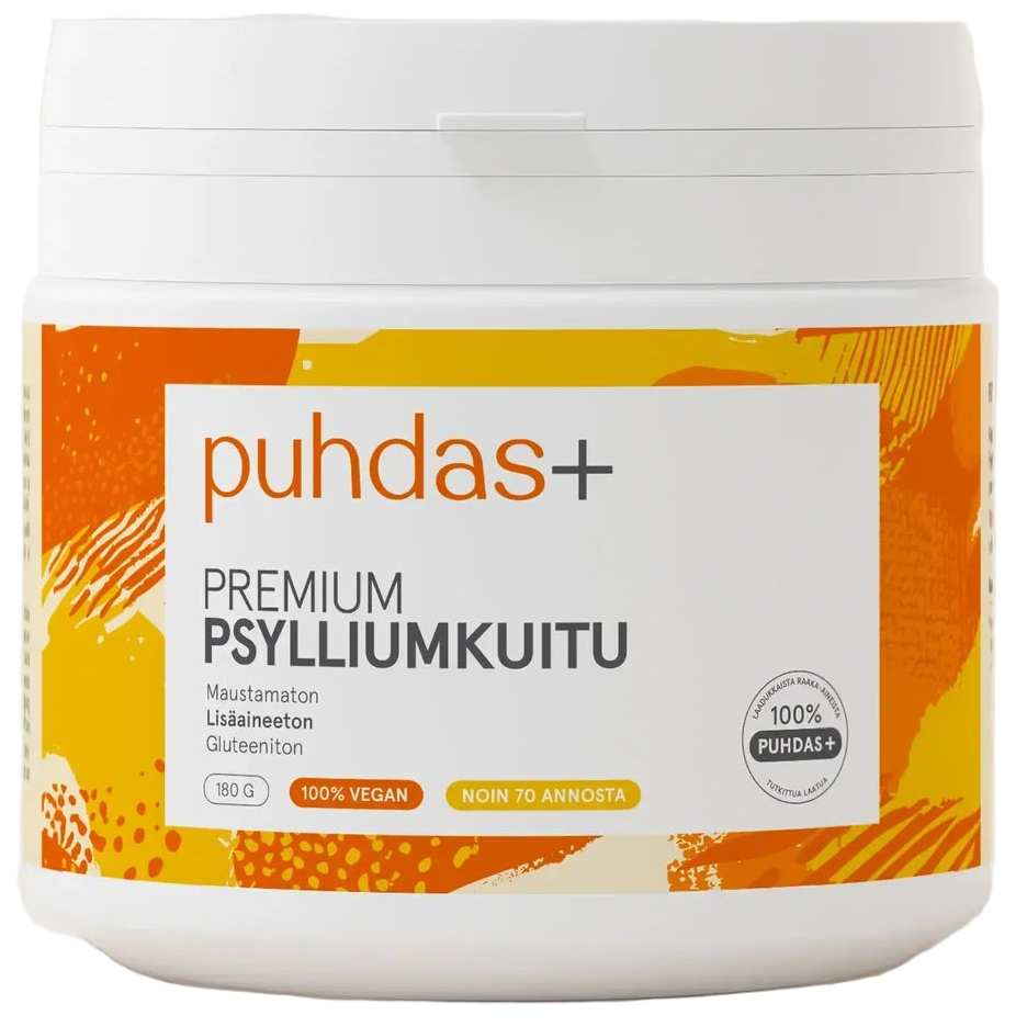 puhdas+ Premium Psylliumkuitu; valkoinen ja oranssi lieriömäinen muovipurkki mattapinnalla ja oranssilla kannella; gluteeniton, 100% vegaaninen ja mauton kuitulisä, noin 70 annosta; mustaa ja oranssia groteskitekstiä usealla kielellä etiketissä; vaalea tausta, ei ihmisiä tai rekvisiittaa; kuvattu suoraan edestä silmän tasolta, koko purkin etuosa näkyvissä.