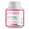 puhdas+ Rauta 20 mg + B12 + Folaatti + C-vitamiini, 60 vegikapselia; pääosin valkoinen pullo, jossa vaaleanpunaisia ja punaisia yksityiskohtia; suomenkielistä tekstiä, joka korostaa 100 % vegaanisia ainesosia ja alkuperää Suomesta; lieriömäinen muovipurkki, mattapinta, valkoinen kierrekorkki; modernia groteskityyppiä etiketissä; tuote pystyssä vaalealla taustalla lähikuvassa.