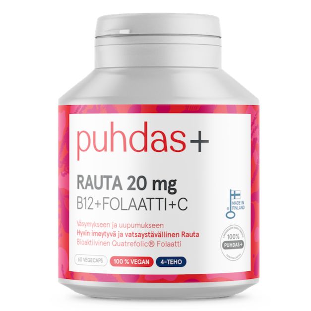 puhdas+ Rauta 20 mg + B12 + Folaatti + C-vitamiini, 60 vegikapselia; pääosin valkoinen pullo, jossa vaaleanpunaisia ja punaisia yksityiskohtia; suomenkielistä tekstiä, joka korostaa 100 % vegaanisia ainesosia ja alkuperää Suomesta; lieriömäinen muovipurkki, mattapinta, valkoinen kierrekorkki; modernia groteskityyppiä etiketissä; tuote pystyssä vaalealla taustalla lähikuvassa.