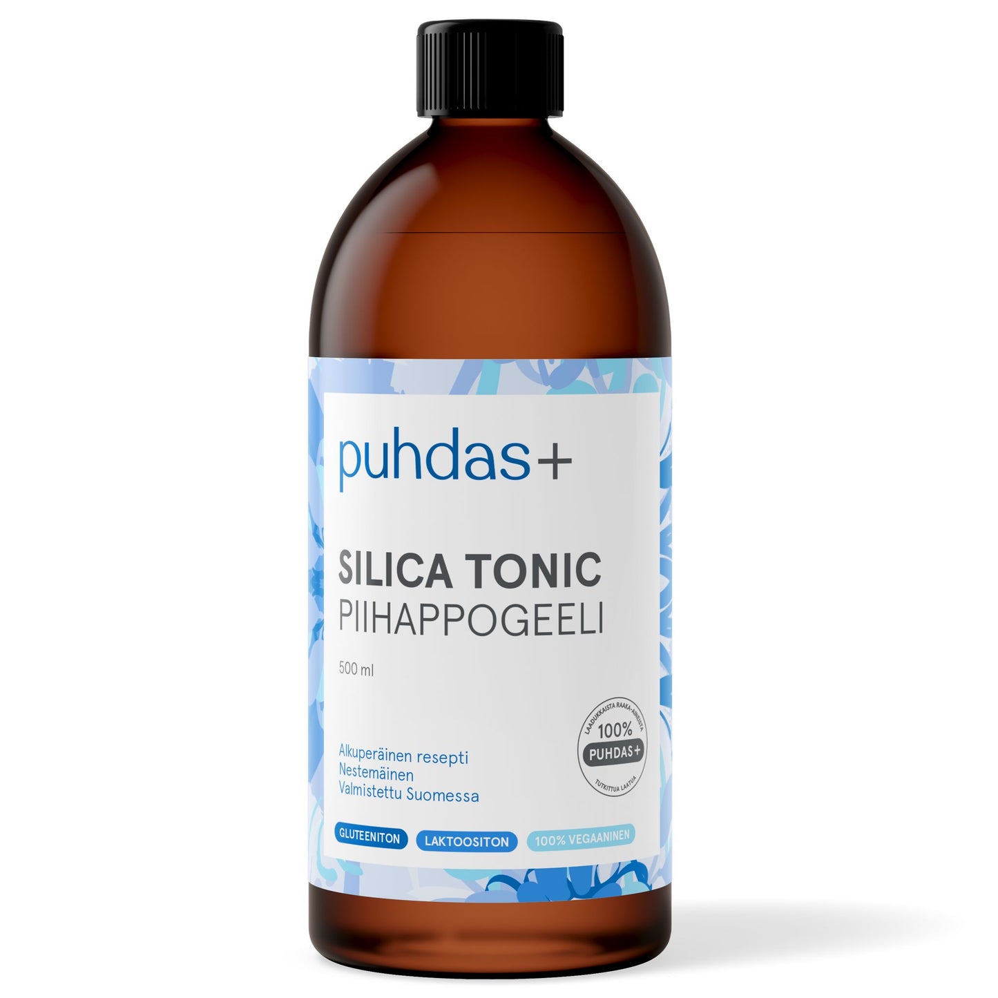 A brown plastic bottle with a matte finish, cylindrical shape, and blue accents on the label. The label uses bold sans-serif typography. Visible text: puhdas+ SILICA TONIC PIIHAPPOGEELI 500 ml, gluten-free, lactose-free, vegan, enriched with silica. No people or hands present. Neutral background with even lighting.
