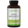Puhdas+ Sitrus Bergamotti 400 mg: pullo tekstillä "puhdas+ Sitrus Bergamotti 400 mg" ja 120 kapselia, merkitty 100 % vegaaniseksi ja valmistetuksi Suomessa, kuvattu vihreää lehtitaustaa vasten; pullo on valkoista muovia mattapinnalla, sylinterimäinen kierrekorkillinen; etiketissä musta-oranssi groteskikirjasin valkoisella pohjalla; ei ihmisiä tai käsiä näkyvissä, tavanomainen tuotekuva.