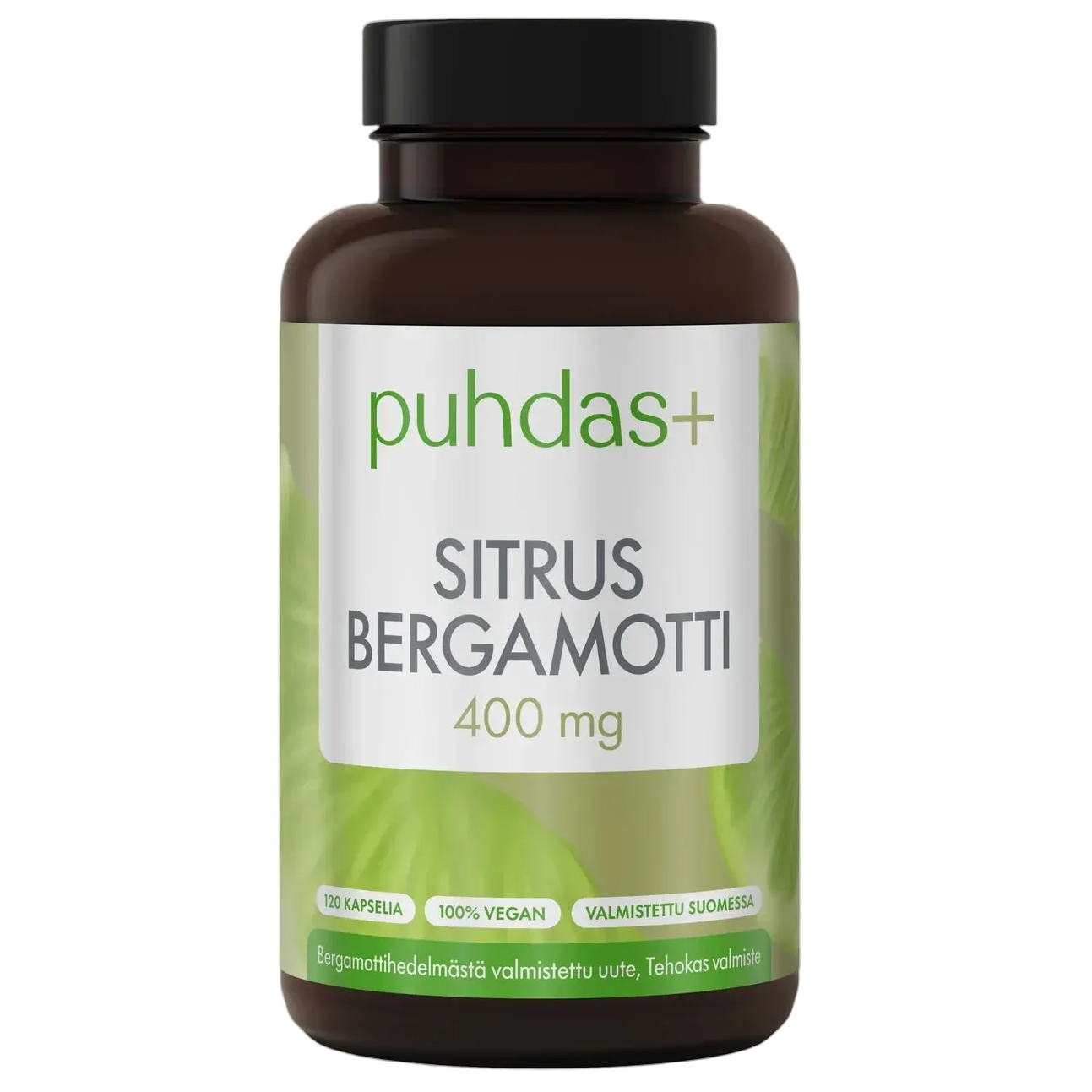 Puhdas+ Sitrus Bergamotti 400 mg: pullo tekstillä "puhdas+ Sitrus Bergamotti 400 mg" ja 120 kapselia, merkitty 100 % vegaaniseksi ja valmistetuksi Suomessa, kuvattu vihreää lehtitaustaa vasten; pullo on valkoista muovia mattapinnalla, sylinterimäinen kierrekorkillinen; etiketissä musta-oranssi groteskikirjasin valkoisella pohjalla; ei ihmisiä tai käsiä näkyvissä, tavanomainen tuotekuva.