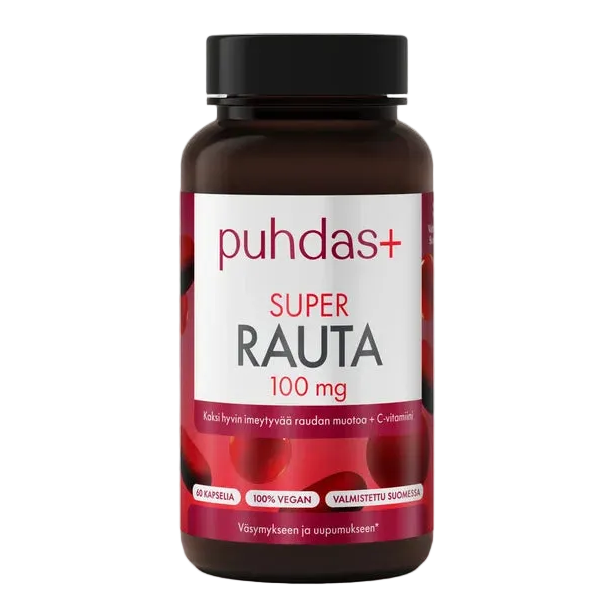 Puhdas+ Super Rauta 100 mg -purkki, 60 kapselia, Valmistettu Suomessa -merkki
