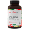 Puhdas+ Super Garlic; ruskea pullo valkoisella korkilla mattapinnalla ja lieriömäisellä muodolla; etiketissä teksti ”puhdas+ SUPER GARLIC AGED GARLIC + GARLIC EXTRACT + ZINC” lihavoidulla groteskifontilla; taustalla erillisiä vihreitä, vaaleanpunaisia ja punaisia muotoja valkoisella pinnalla; ei ihmisiä tai käsiä kuvassa.