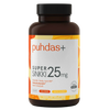 Puhdas+ Super Sinkki 25 mg -pullo; ruskea muovipullo, jossa oransseja ja valkoisia graafisia elementtejä sekä yksinkertaista tekstausvapaata typografiaa; etiketissä maininta 120 vegaanisesta sinkkikapselista sekä tekstiä hiusten, ihon, kynsien ja imeytymisen hyödyistä; tausta valkoinen; ei ihmisiä tai muita esineitä kuvassa.