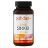 Puhdas+ Super Sinkki 25 mg -pullo; ruskea pullo oranssein ja violetein korostuksin, etiketissä maininta sinkistä, 60 kapselia ja 100-prosenttisesti vegaaninen sekä muita tuotetietoja suomeksi; pullo sylinterimäinen ja mattapintainen, valkoinen kierrekorkki; etiketissä lihavoitua ja tavallista tekstausvapaata fonttia; kuvattu valkoista taustaa vasten edestäpäin, ei ihmisiä tai käsiä näkyvissä.