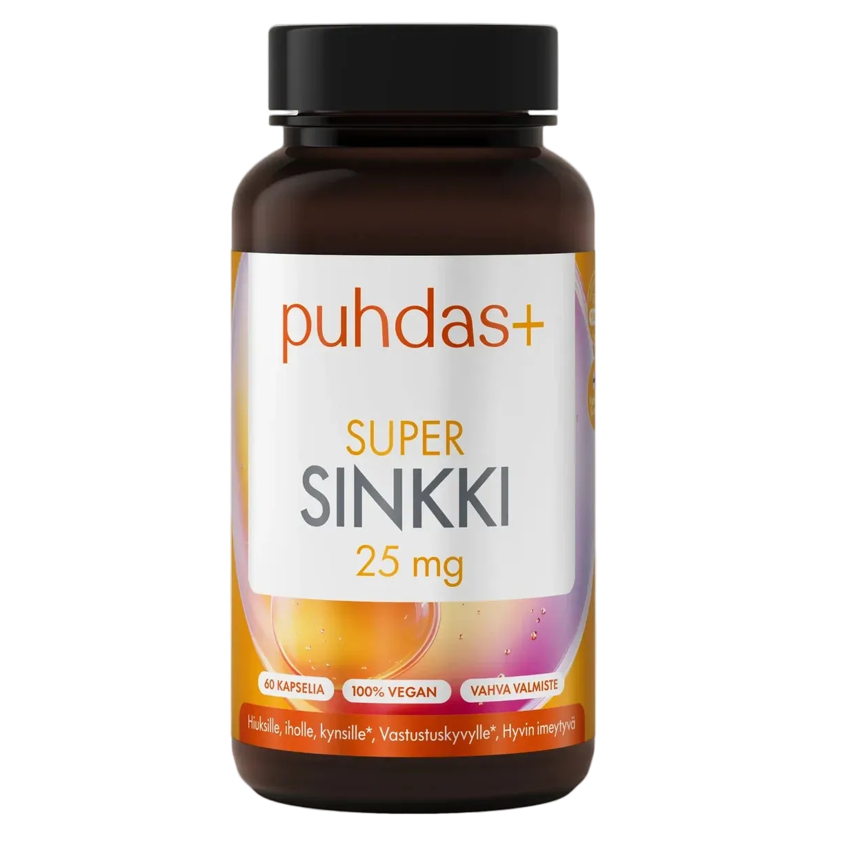 Puhdas+ Super Sinkki 25 mg -pullo; ruskea pullo oranssein ja violetein korostuksin, etiketissä maininta sinkistä, 60 kapselia ja 100-prosenttisesti vegaaninen sekä muita tuotetietoja suomeksi; pullo sylinterimäinen ja mattapintainen, valkoinen kierrekorkki; etiketissä lihavoitua ja tavallista tekstausvapaata fonttia; kuvattu valkoista taustaa vasten edestäpäin, ei ihmisiä tai käsiä näkyvissä.