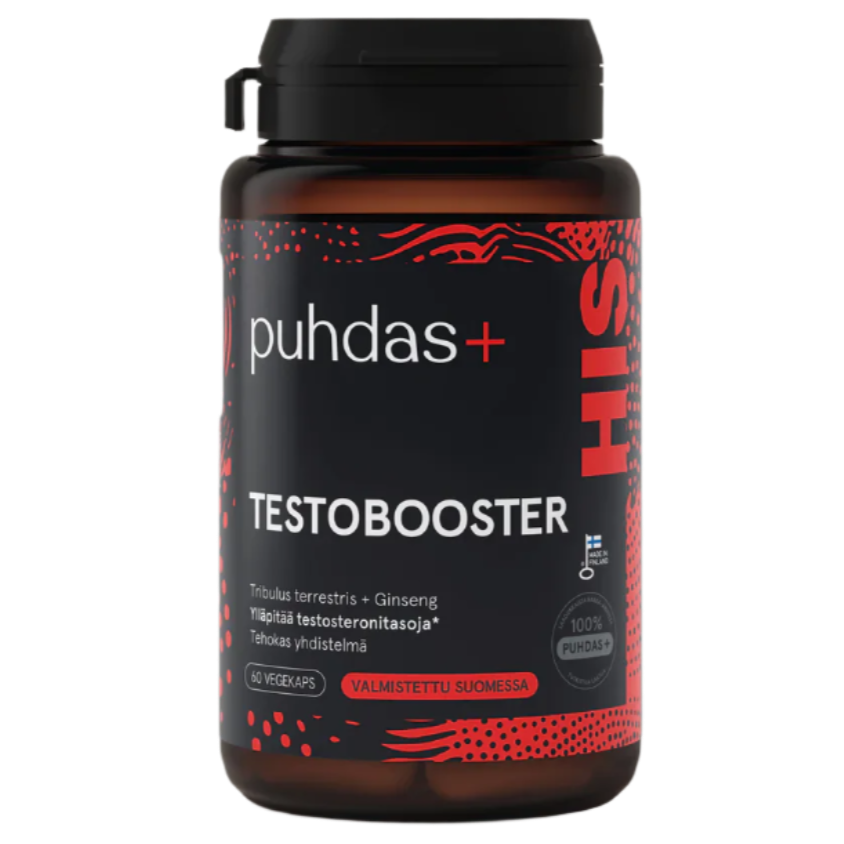 Puhdas+ Testobooster; pullo tekstillä ”puhdas+ HIS TESTOBOOSTER”, sisältää 60 kasviskapselia, musta-punainen pakkaus suomenkielisin tekstein miesten elinvoiman tueksi; lieriömäinen muoviastia, mattamusta runko ja kiiltävä punainen etiketti; groteski- ja tikkukirjasintyyliä valkoisin ja punaisin kirjaimin; ei näkyviä ihmisiä tai käsiä; kuvattu tasaisella valkoisella taustalla.