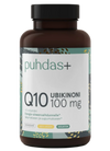 Puhdas+ Ubikinoni Q10 100 mg + C-vitamiini; ruskea pullo lisätiedoin suomeksi, etiketissä vihreä-musta-valkoinen kuvio ja maininta "ravintolisä"; pakkaus on mattapintaista muovia valkoisella kierrekorkilla; etiketin teksti on lihavoitua groteskia; ei ihmisiä tai käsiä näkyvissä; yksivärinen tausta, kuva suoraan edestä.