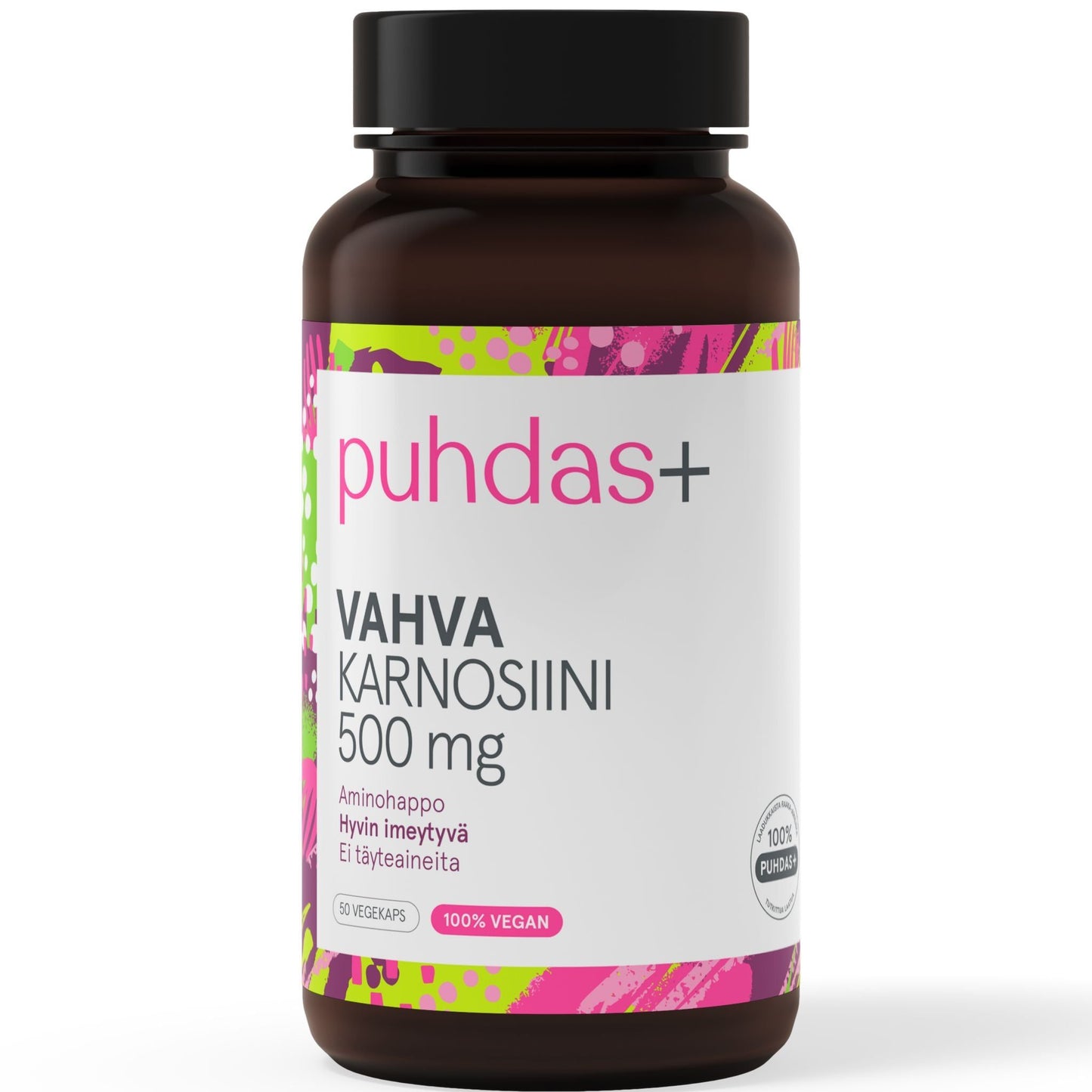 Puhdas+ Vahva Karnosiini 500 mg; ruskea muovipurkki mustalla rihlatulla korkilla; mattapintaisessa etiketissä vaaleanpunaisia ja vihreitä geometrisia laatikoita; lihavoitua groteskitekstiä eri painoin; etiketissä lukee "puhdas+ VAHVA KARNOSIINI 500 mg", "100% VEGAN" ja "63 VEGEKAPS."; pullo seisoo pystyssä valkoisella taustalla.